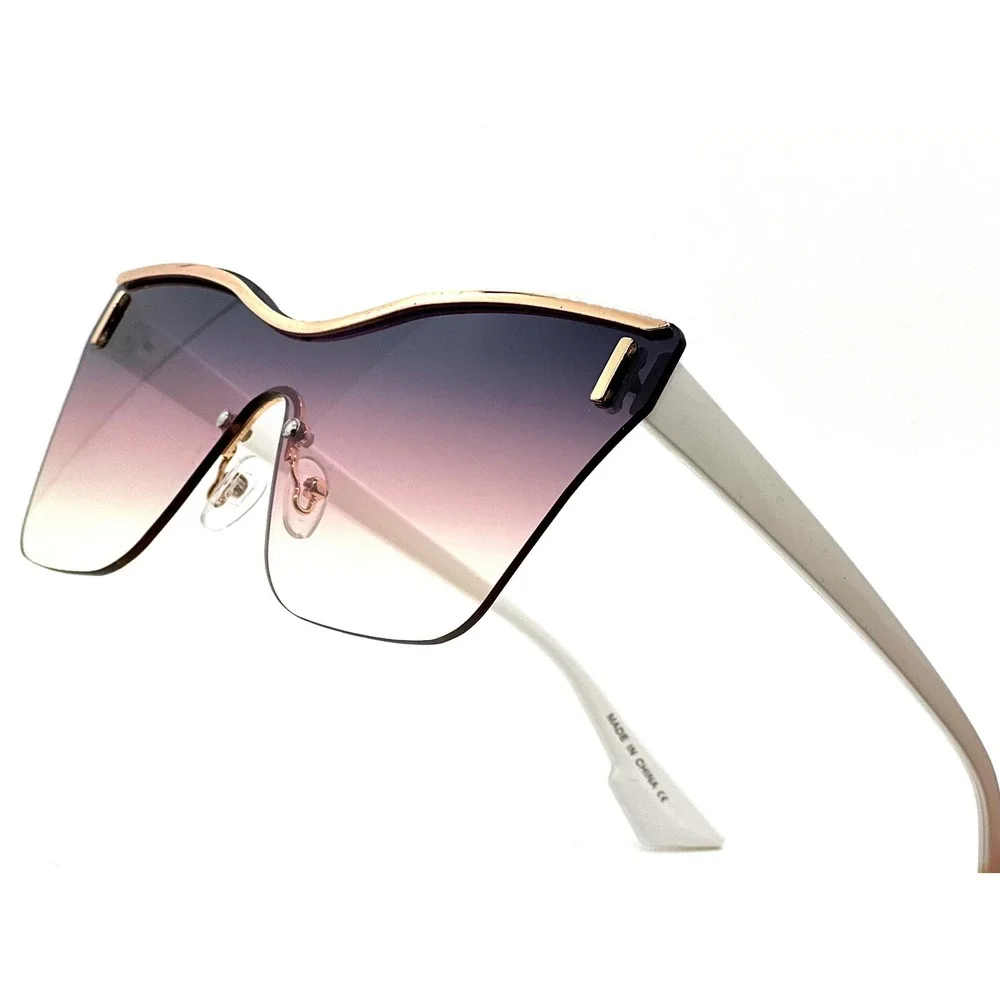 Womens Oversized Shield Sunglasses Purple Gradient Lens White Gold Trim Fashion